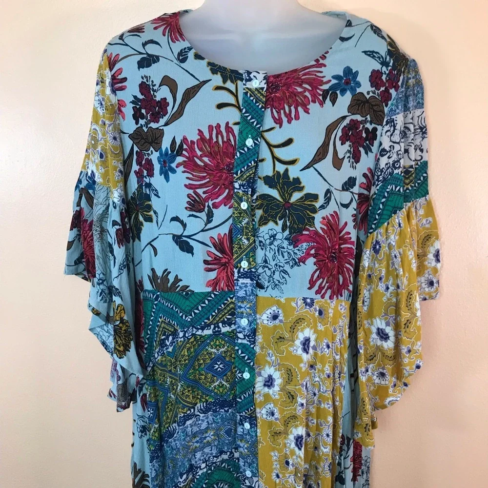 UmGee Button Front Contrasting Floral Patchwork Print Maxi Dress Women S NEW - Picture 3 of 10